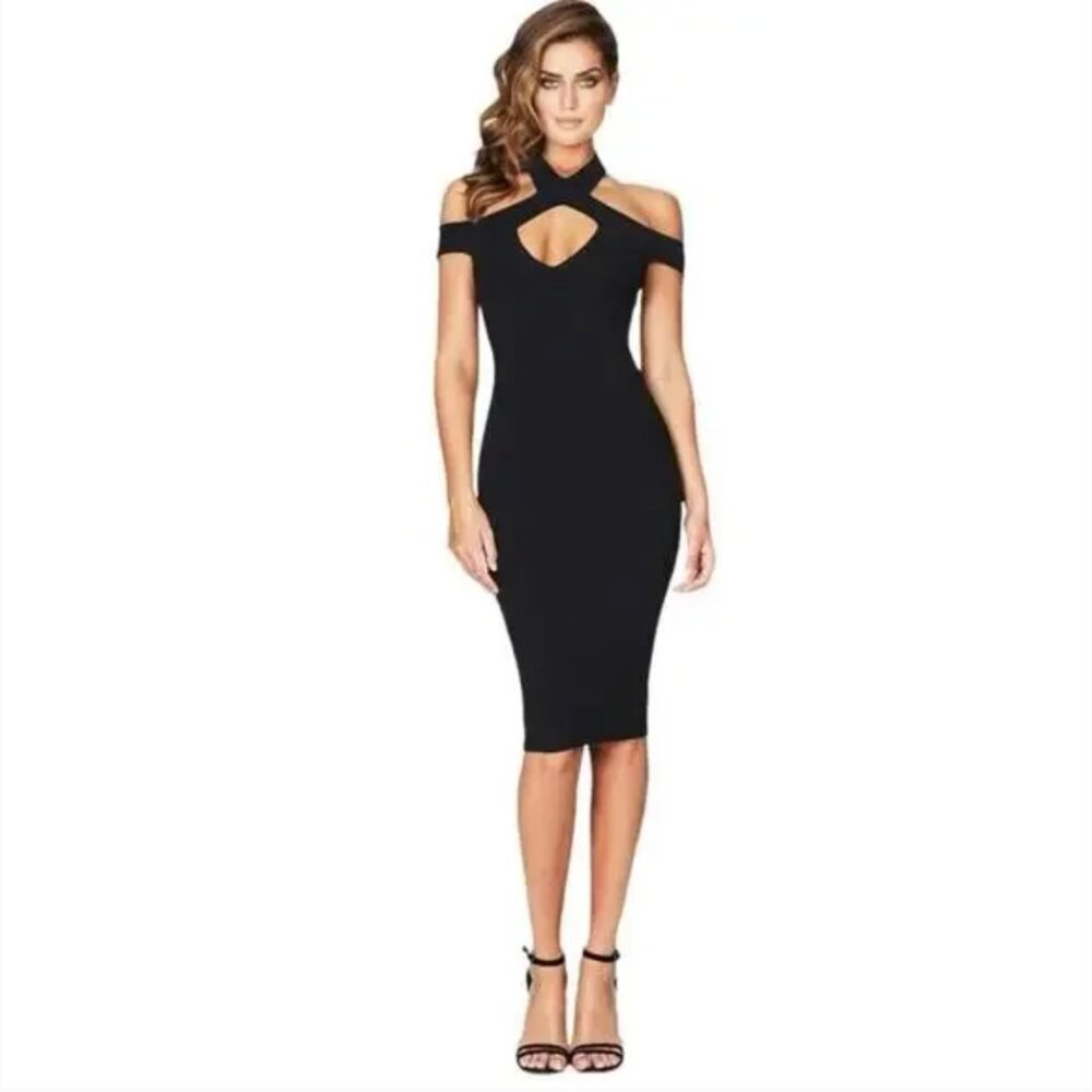 Nookie Black Cold-Shoulder Midi Dress